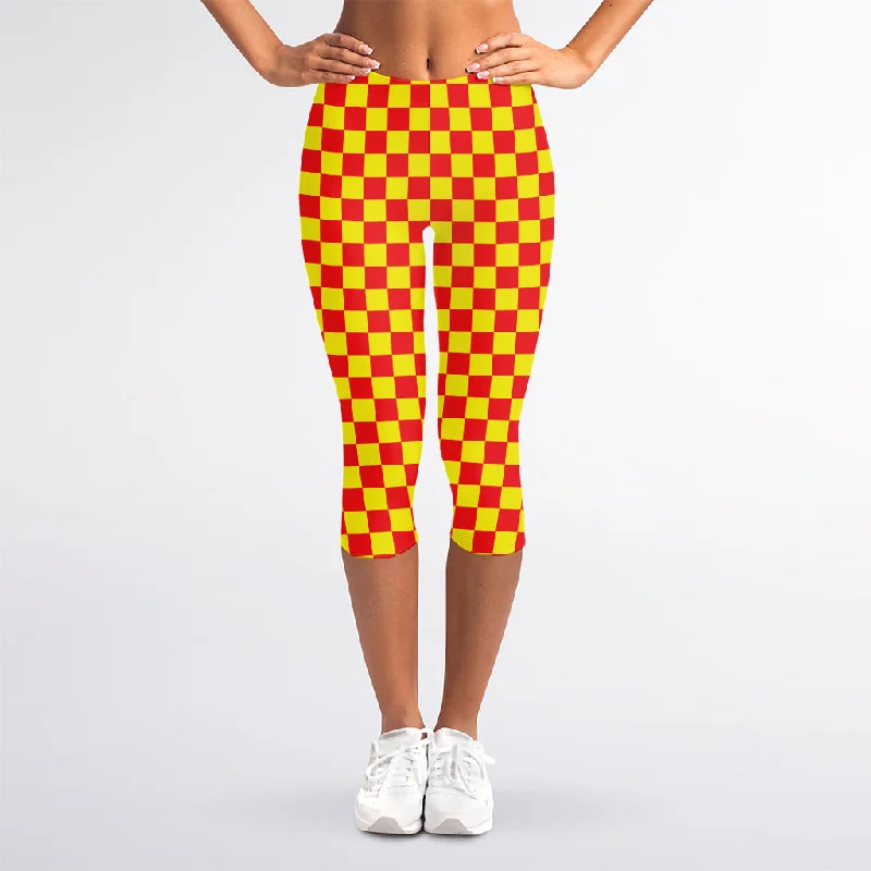 Red And Yellow Checkered Pattern Print Women's Capri Leggings Trendy Spandex Leggings Red And Yellow Checkered Pattern Print Women's Capri Leggings Trendy Spandex Leggings