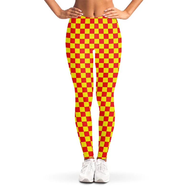 Red And Yellow Checkered Pattern Print Women's Leggings Trendy Leather-Look Workout Leggings Red And Yellow Checkered Pattern Print Women's Leggings Trendy Leather-Look Workout Leggings