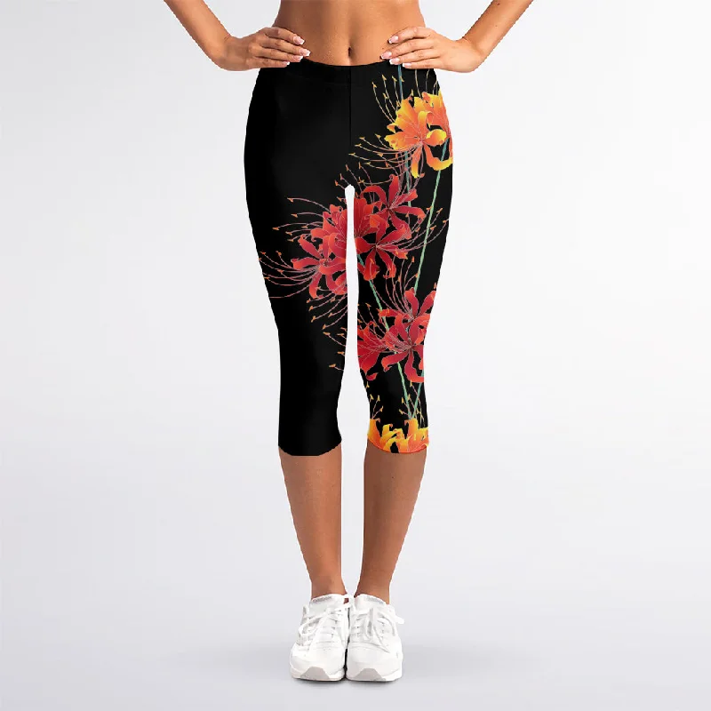 Red And Yellow Japanese Amaryllis Print Women's Capri Leggings Elegant Embellished Leggings Red And Yellow Japanese Amaryllis Print Women's Capri Leggings Elegant Embellished Leggings