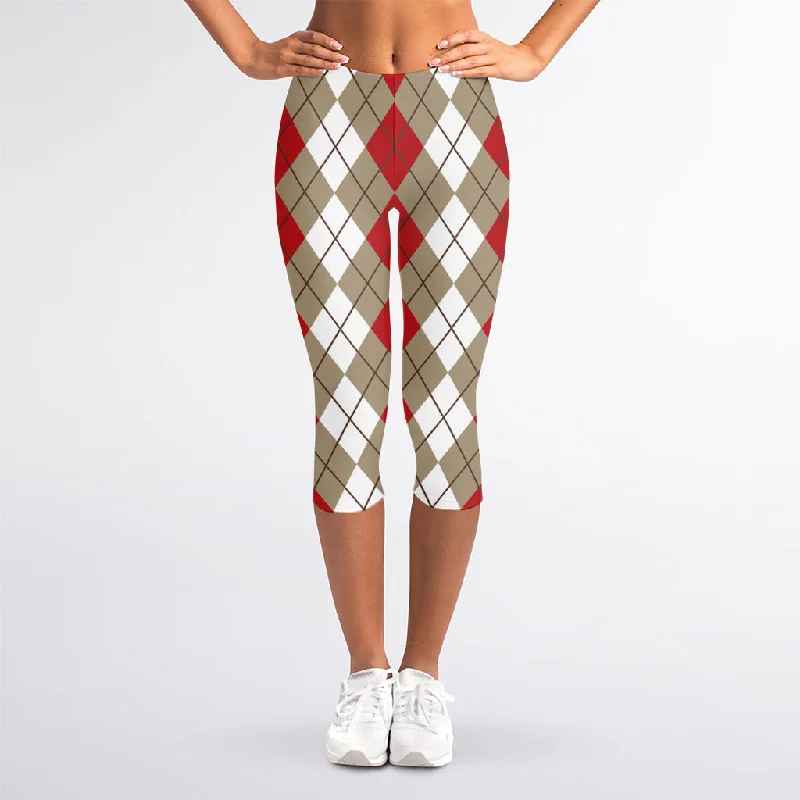 Red Beige And White Argyle Pattern Print Women's Capri Leggings Fashionable Quick-Dry Leggings Red Beige And White Argyle Pattern Print Women's Capri Leggings Fashionable Quick-Dry Leggings