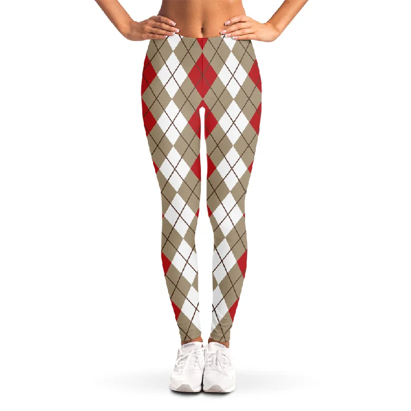 Red Beige And White Argyle Pattern Print Women's Leggings Elegant Printed Leggings with Pockets Red Beige And White Argyle Pattern Print Women's Leggings Elegant Printed Leggings with Pockets