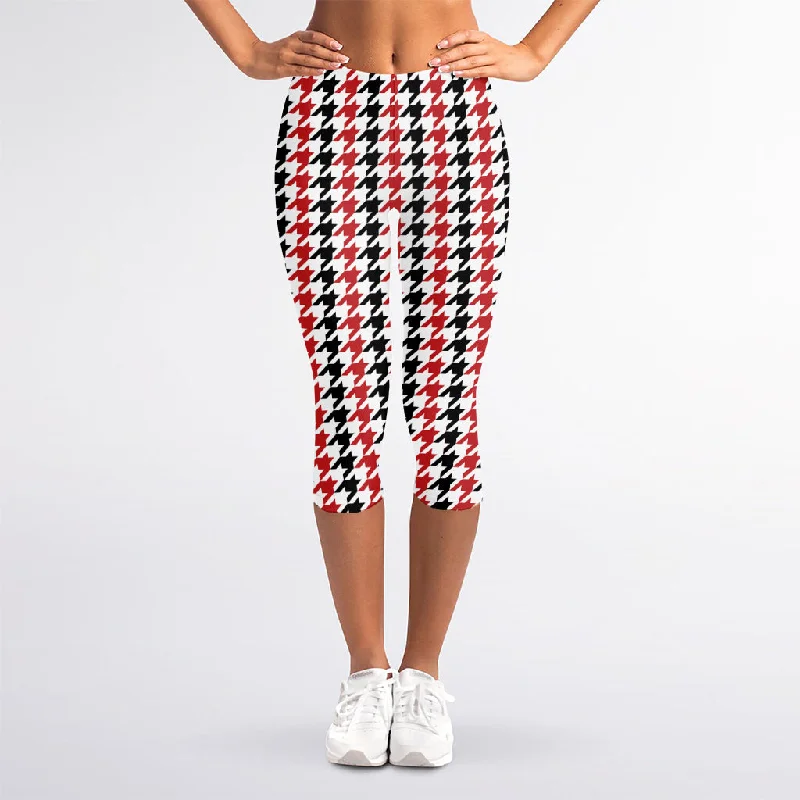 Red Black And White Houndstooth Print Women's Capri Leggings Fashionable Printed Legging Pants Red Black And White Houndstooth Print Women's Capri Leggings Fashionable Printed Legging Pants
