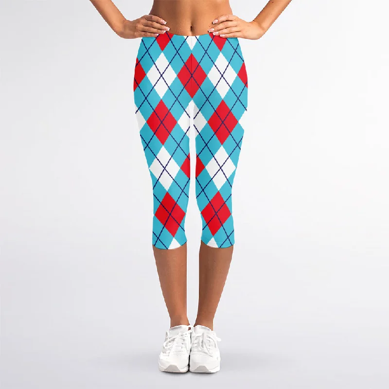 Red Blue And White Argyle Pattern Print Women's Capri Leggings Chic Floral Print Leggings Red Blue And White Argyle Pattern Print Women's Capri Leggings Chic Floral Print Leggings