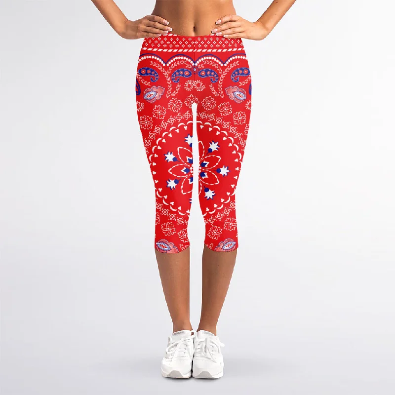 Red Blue And White Bandana Print Women's Capri Leggings Comfortable Workout Fitness Leggings Red Blue And White Bandana Print Women's Capri Leggings Comfortable Workout Fitness Leggings