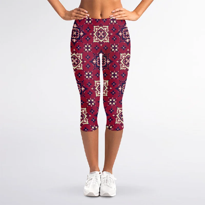 Red Boho Flower Pattern Print Women's Capri Leggings Fashionable Tummy Control Leggings Red Boho Flower Pattern Print Women's Capri Leggings Fashionable Tummy Control Leggings