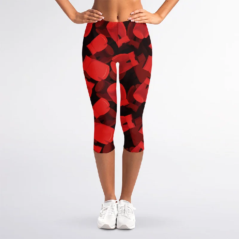Red Boxing Gloves Pattern Print Women's Capri Leggings Fashionable Lacy Detail Leggings Red Boxing Gloves Pattern Print Women's Capri Leggings Fashionable Lacy Detail Leggings