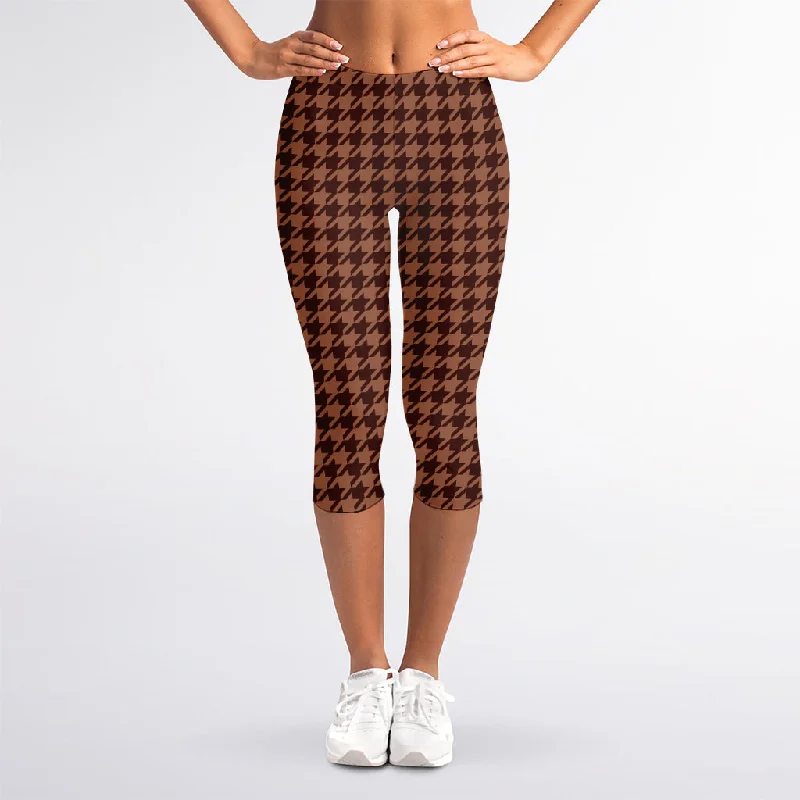 Red Brown Houndstooth Pattern Print Women's Capri Leggings Classic Solid Color Leggings Red Brown Houndstooth Pattern Print Women's Capri Leggings Classic Solid Color Leggings