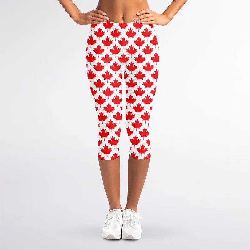 Red Canadian Maple Leaf Pattern Print Women's Capri Leggings Chic Workout Leggings