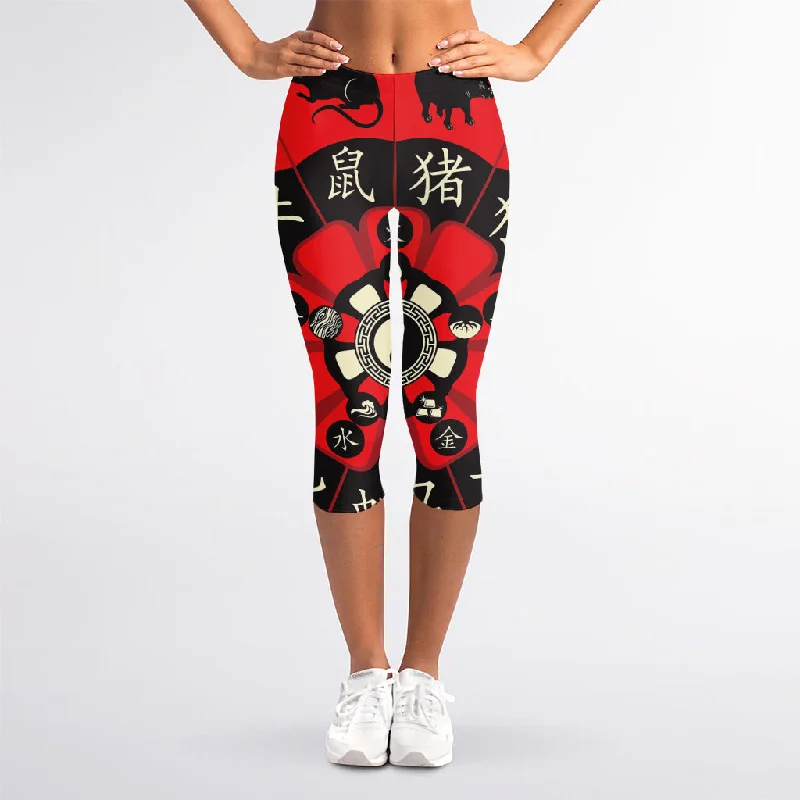 Red Chinese Zodiac Wheel Print Women's Capri Leggings Comfortable Ribbed Sports Leggings Red Chinese Zodiac Wheel Print Women's Capri Leggings Comfortable Ribbed Sports Leggings