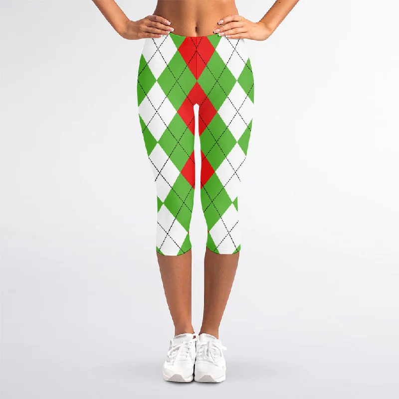 Red Green And White Argyle Pattern Print Women's Capri Leggings Fashionable Embroidered Detail Leggings Red Green And White Argyle Pattern Print Women's Capri Leggings Fashionable Embroidered Detail Leggings