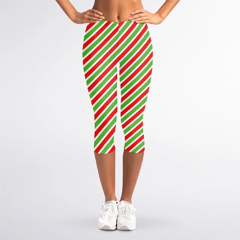 Red Green And White Candy Cane Print Women's Capri Leggings Comfortable Bootcut Workout Leggings Red Green And White Candy Cane Print Women's Capri Leggings Comfortable Bootcut Workout Leggings