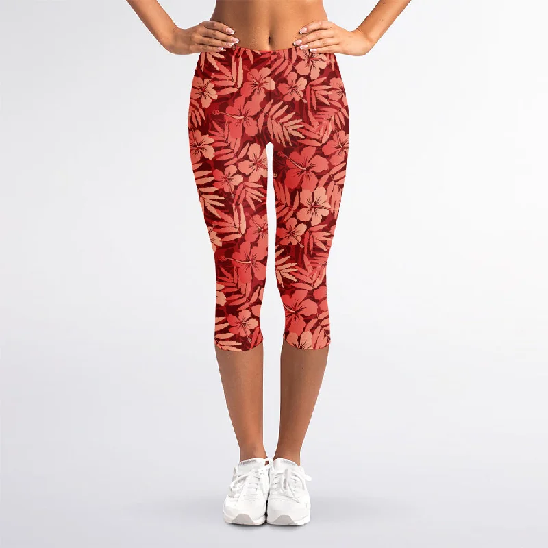 Red Hawaiian Tropical Pattern Print Women's Capri Leggings Fashionable Plus-Size Activewear Red Hawaiian Tropical Pattern Print Women's Capri Leggings Fashionable Plus-Size Activewear