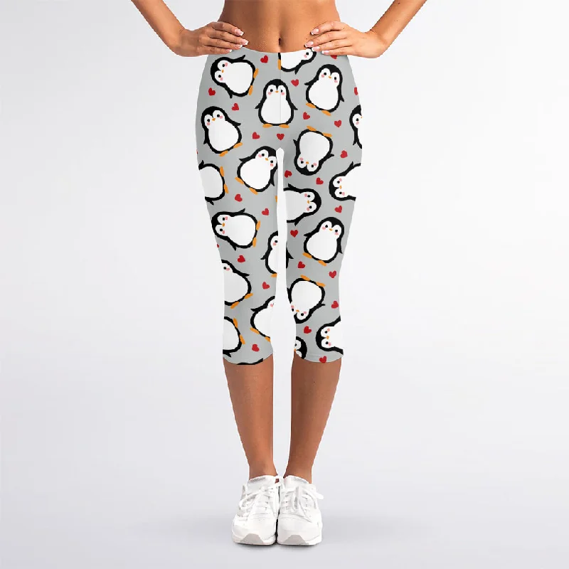 Red Heart And Penguin Pattern Print Women's Capri Leggings Stylish Everyday Leggings Red Heart And Penguin Pattern Print Women's Capri Leggings Stylish Everyday Leggings