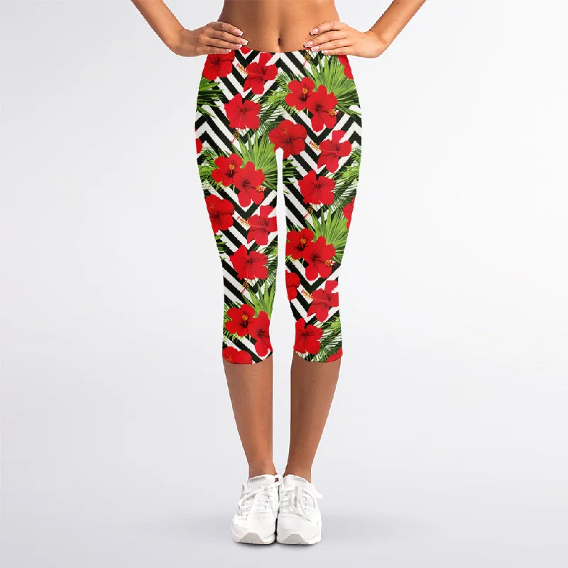 Red Hibiscus Chevron Pattern Print Women's Capri Leggings Comfortable Ribbed Waistband Leggings Red Hibiscus Chevron Pattern Print Women's Capri Leggings Comfortable Ribbed Waistband Leggings