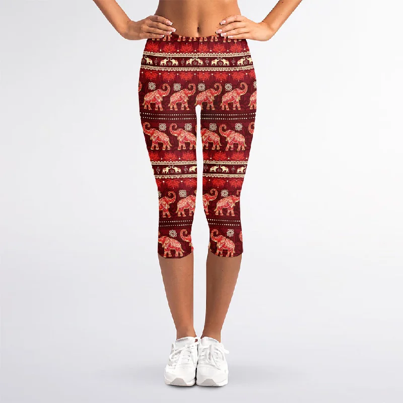Red Indian Elephant Pattern Print Women's Capri Leggings Fashionable Sports Compression Leggings Red Indian Elephant Pattern Print Women's Capri Leggings Fashionable Sports Compression Leggings