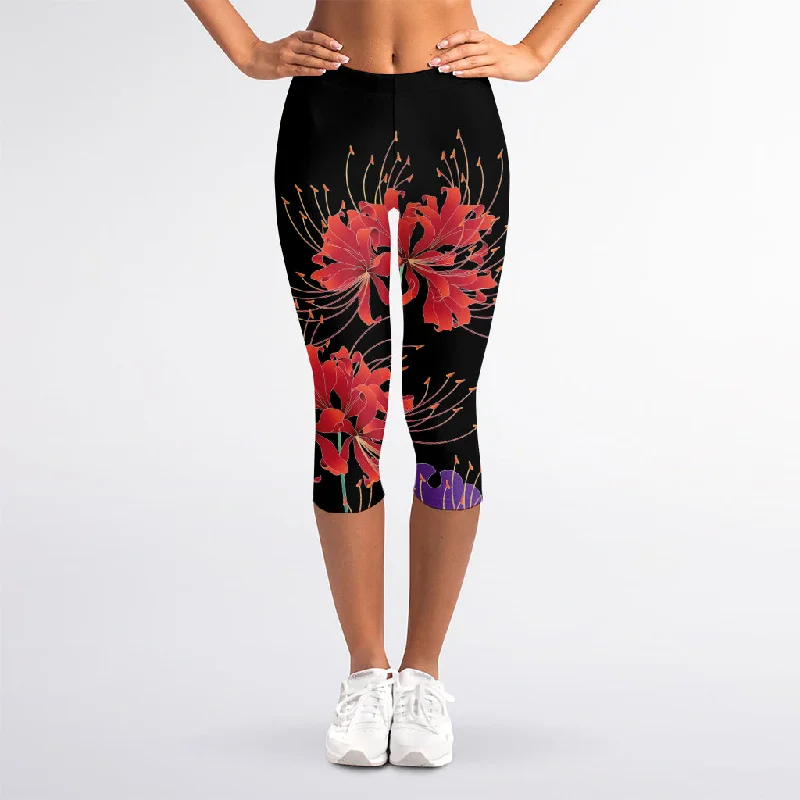 Red Japanese Amaryllis Pattern Print Women's Capri Leggings Comfortable Cold Weather Leggings Red Japanese Amaryllis Pattern Print Women's Capri Leggings Comfortable Cold Weather Leggings
