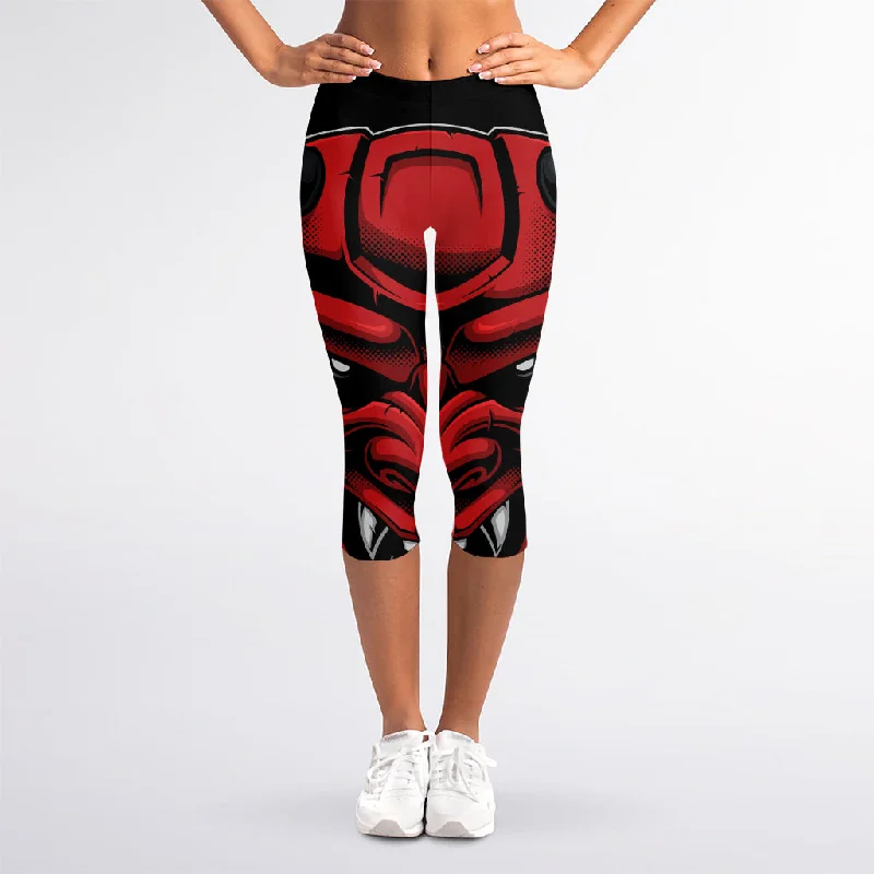 Red Japanese Demon Mask Print Women's Capri Leggings Stylish Sweatproof Leggings
