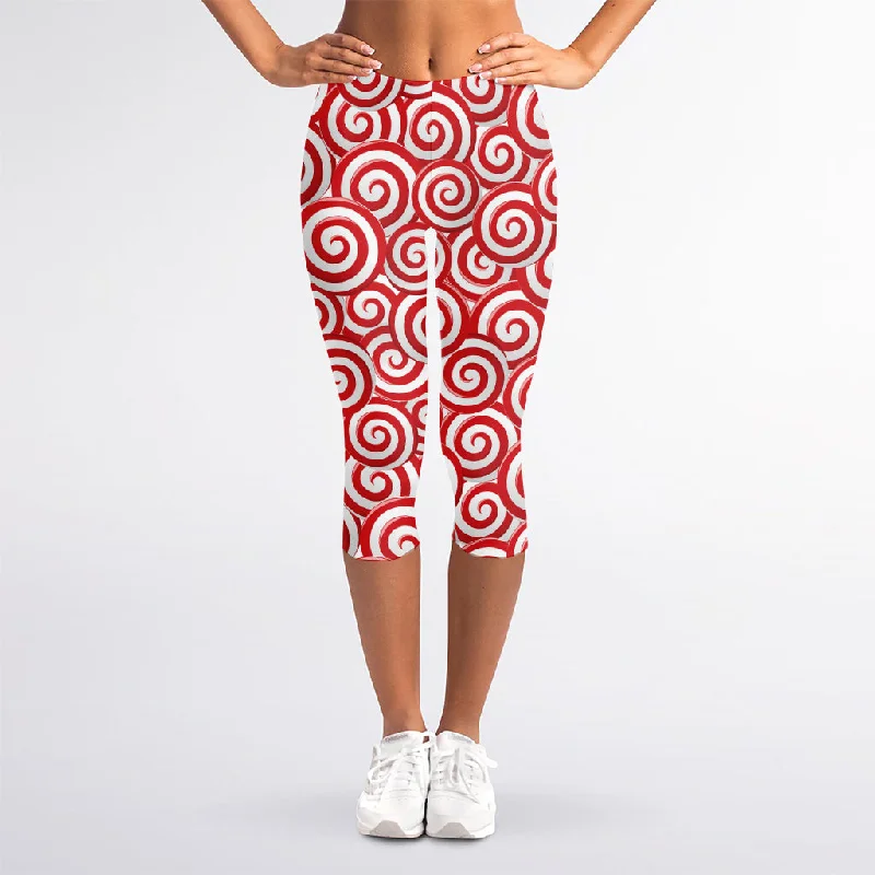 Red Lollipop Candy Pattern Print Women's Capri Leggings Comfortable Yoga Tights Leggings Red Lollipop Candy Pattern Print Women's Capri Leggings Comfortable Yoga Tights Leggings