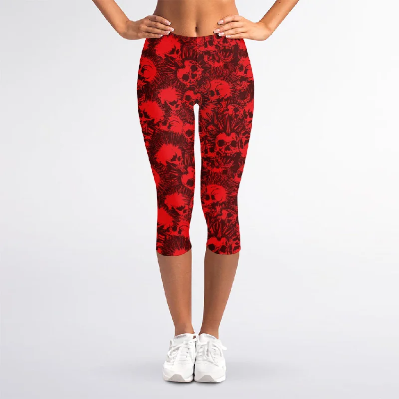 Red Punk Skull Pattern Print Women's Capri Leggings Fashionable Tummy Control Leggings Red Punk Skull Pattern Print Women's Capri Leggings Fashionable Tummy Control Leggings