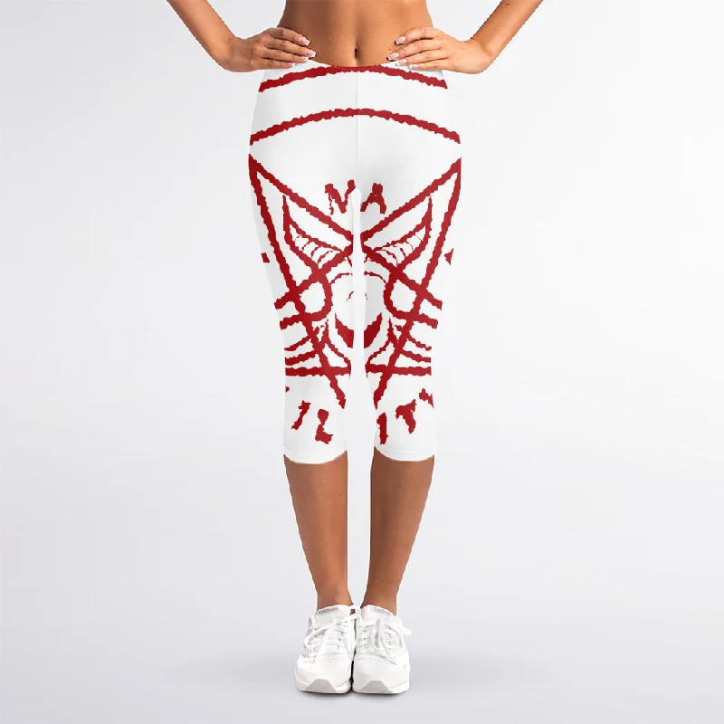 Red Satanic Pentagram Symbol Print Women's Capri Leggings Comfortable Stretch Leggings Red Satanic Pentagram Symbol Print Women's Capri Leggings Comfortable Stretch Leggings