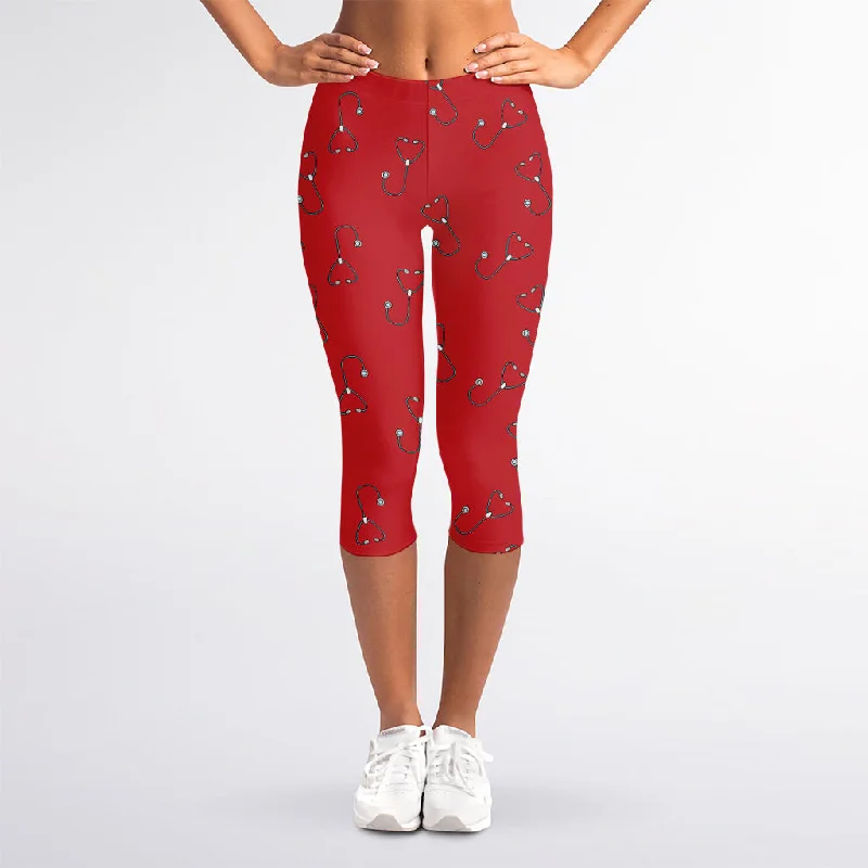 Red Stethoscope Pattern Print Women's Capri Leggings Fashionable Quick-Dry Yoga Pants Red Stethoscope Pattern Print Women's Capri Leggings Fashionable Quick-Dry Yoga Pants