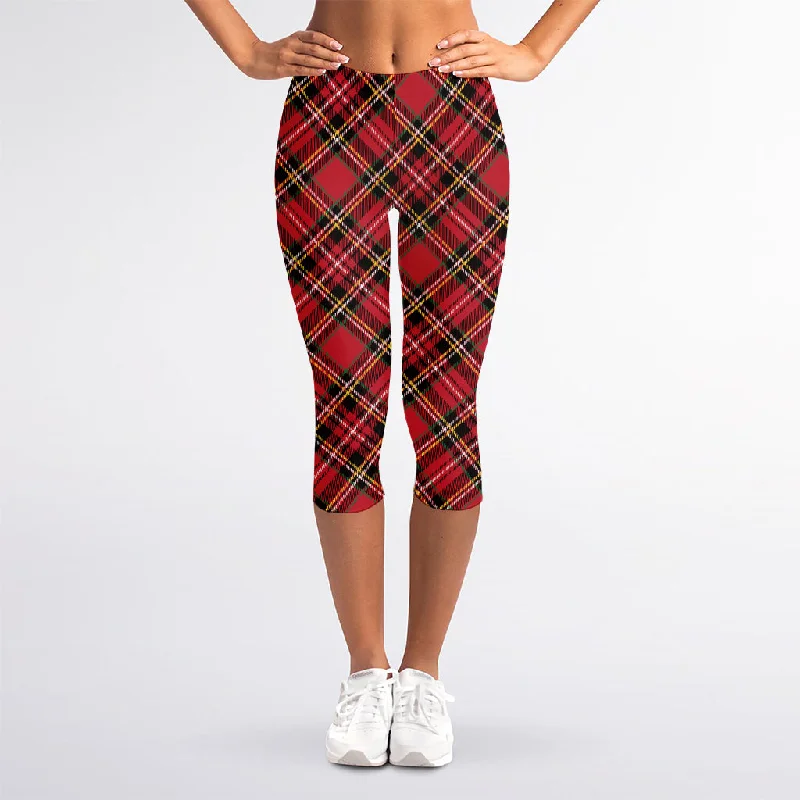 Red Stewart Tartan Pattern Print Women's Capri Leggings Cozy Textured Workout Leggings Red Stewart Tartan Pattern Print Women's Capri Leggings Cozy Textured Workout Leggings
