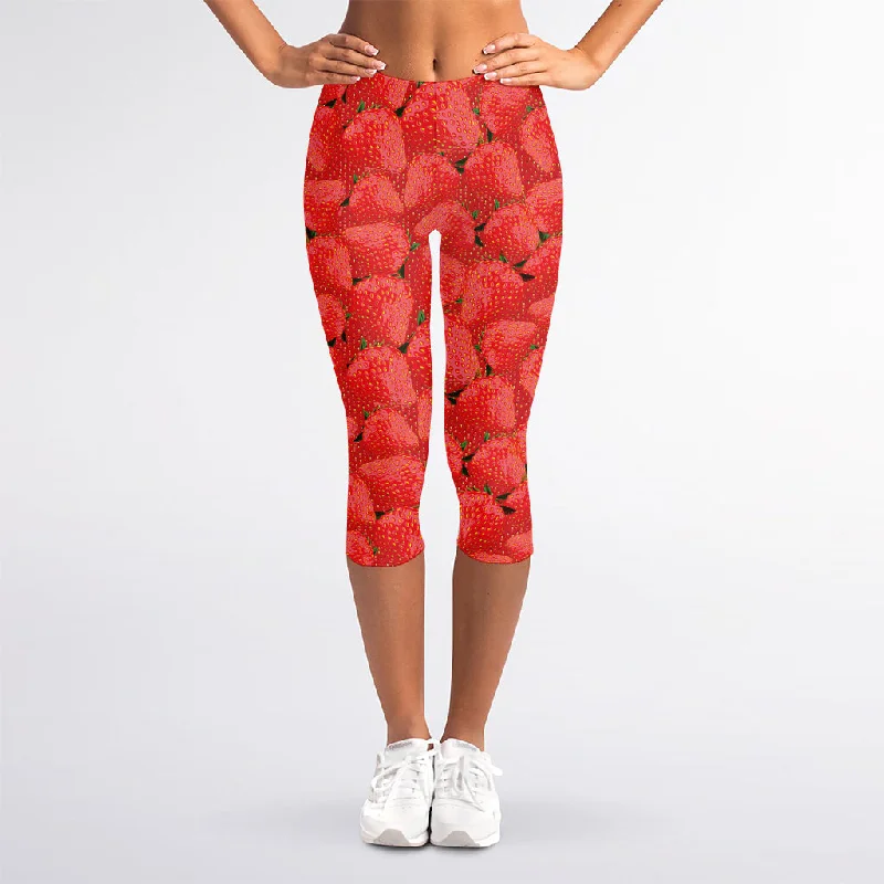 Red Strawberry Pattern Print Women's Capri Leggings Fashionable Full-Length Active Leggings Red Strawberry Pattern Print Women's Capri Leggings Fashionable Full-Length Active Leggings