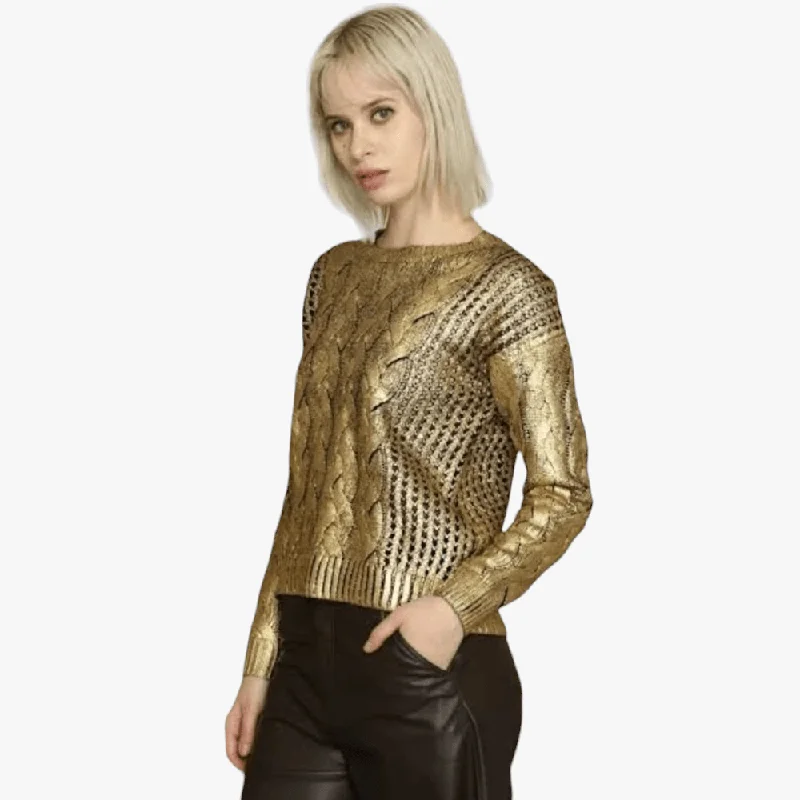 Sissy Boy Chunky Cable Knit Sweater Gold Metallic Hooded Caped Shawl Collar