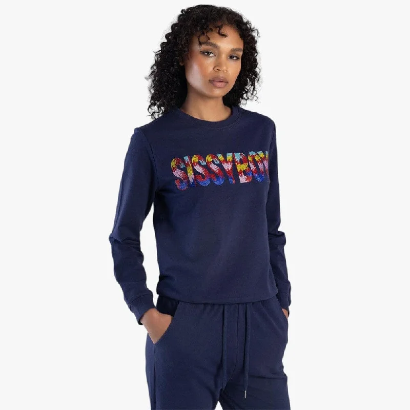 Sissy Boy Womens Colourful Bling Logo Sweater Navy Solid Print Embellished