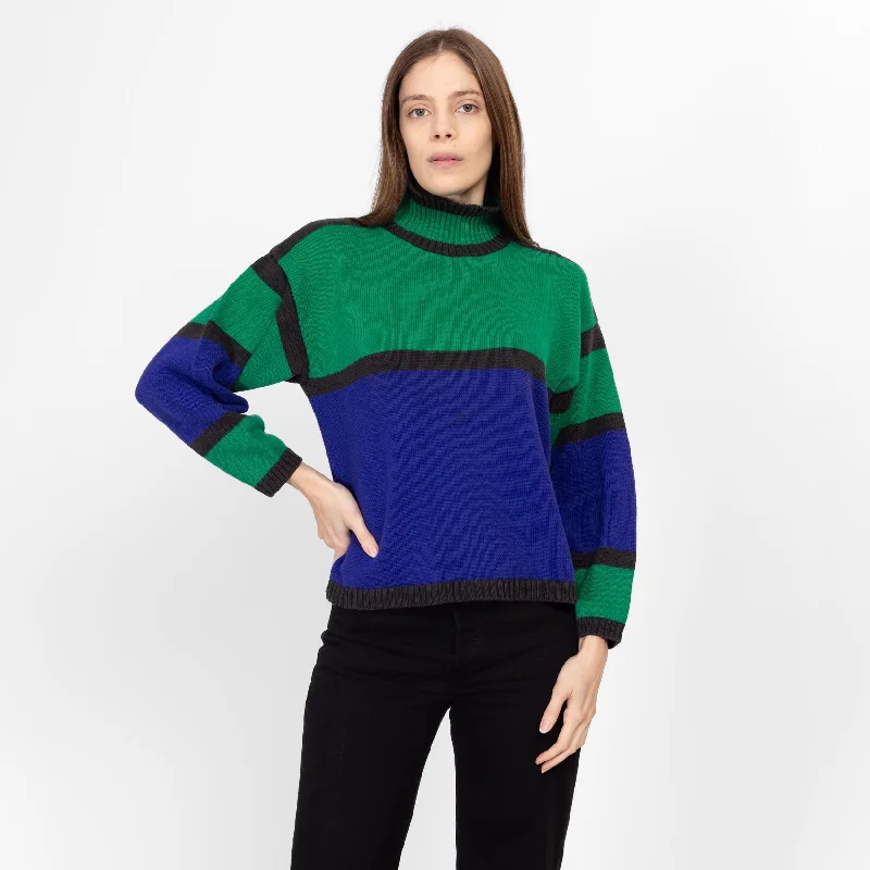 Small 90s Blue & Green Color Block Knit Mockneck Sweater