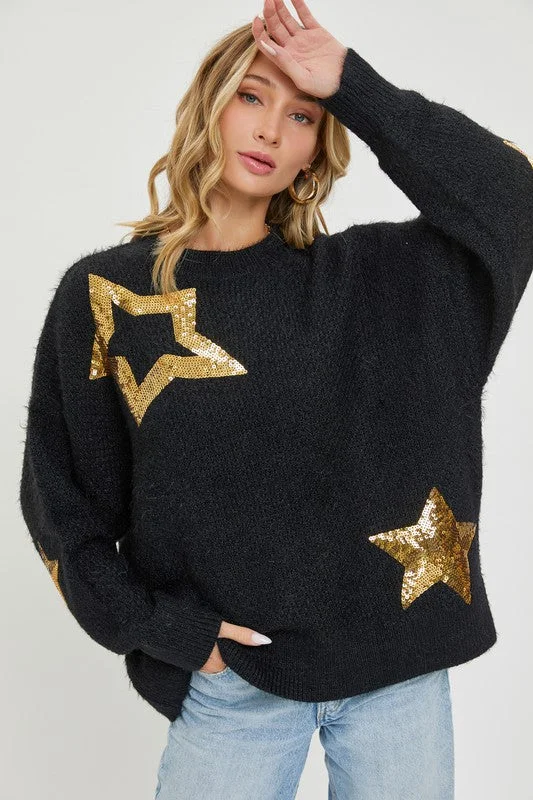 SOFT & Fuzzy Black Sweater with Gold Sequin Star Detail