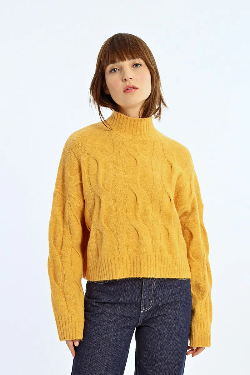 Soft Knit Cable Sweater - Saffron Yellow Embroidered Appliqued Beaded