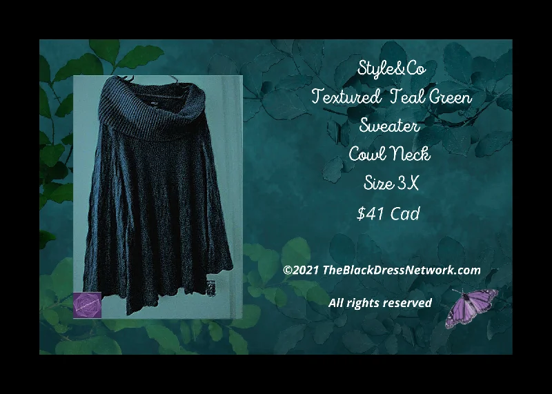 Style & Co Plus 3X Teal Green Pullover Sweater Top Cowl Neck Textured Rayon Fabric Velvet Fabric Corduroy Fabric Style & Co Plus 3X Teal Green Pullover Sweater Top Cowl Neck Textured Rayon Fabric Velvet Fabric Corduroy Fabric