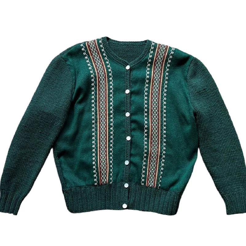 Vintage 1940s Green Wool Embroidered Cardigan | Barn Owl Ladies Sweaters | Seattle Vintage