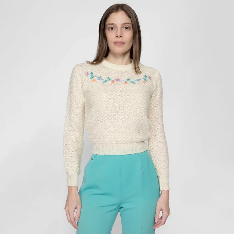 XS 70s Floral Embroidered Cropped Sweater