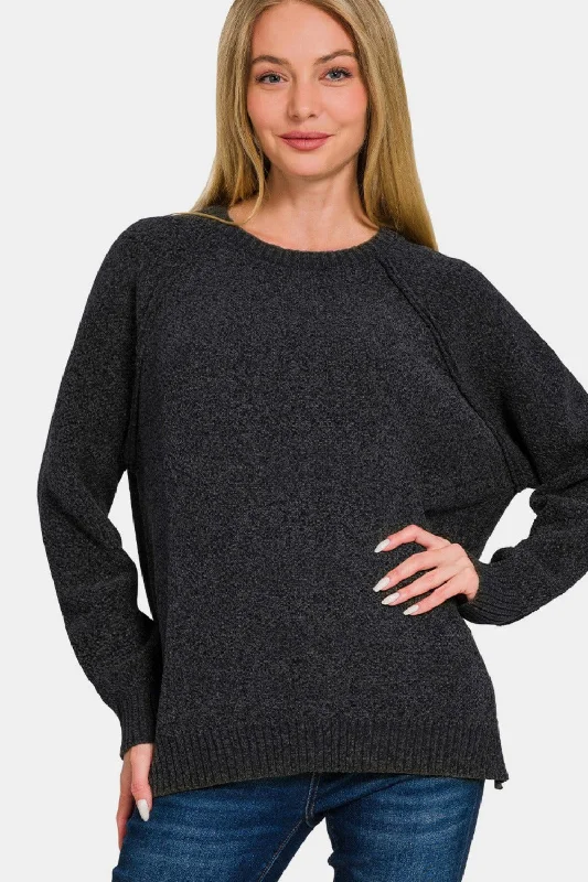 Zenana Side Slit Raglan Sleeve Sweater In Black