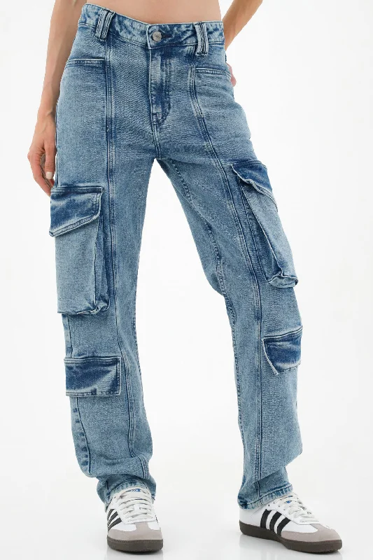 Women's Blue Cargo Style Jeans Chic Dark-Wash Skinny Jeans