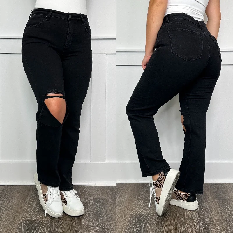 Risen Salem Distressed High Rise Relaxed Fit Black Jeans Casual High-Waisted Bootcut Jeans Risen Salem Distressed High Rise Relaxed Fit Black Jeans Casual High-Waisted Bootcut Jeans
