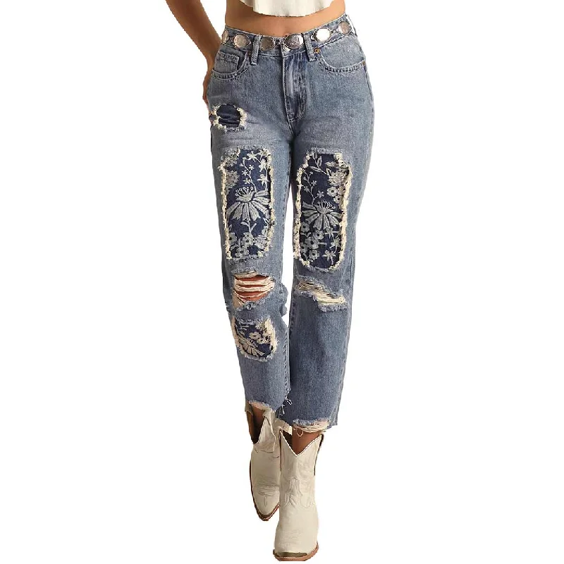 Rock & Roll Denim Women's High Rise Floral Patch Cropped Jeans Elegant Wide-Leg Jeans Rock & Roll Denim Women's High Rise Floral Patch Cropped Jeans Elegant Wide-Leg Jeans
