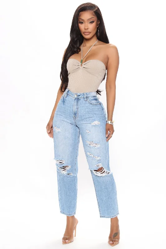 Why Don't You Relax Ripped Mom Jeans - Medium Blue Wash Fashionable Straight Fit Denim Why Don't You Relax Ripped Mom Jeans - Medium Blue Wash Fashionable Straight Fit Denim